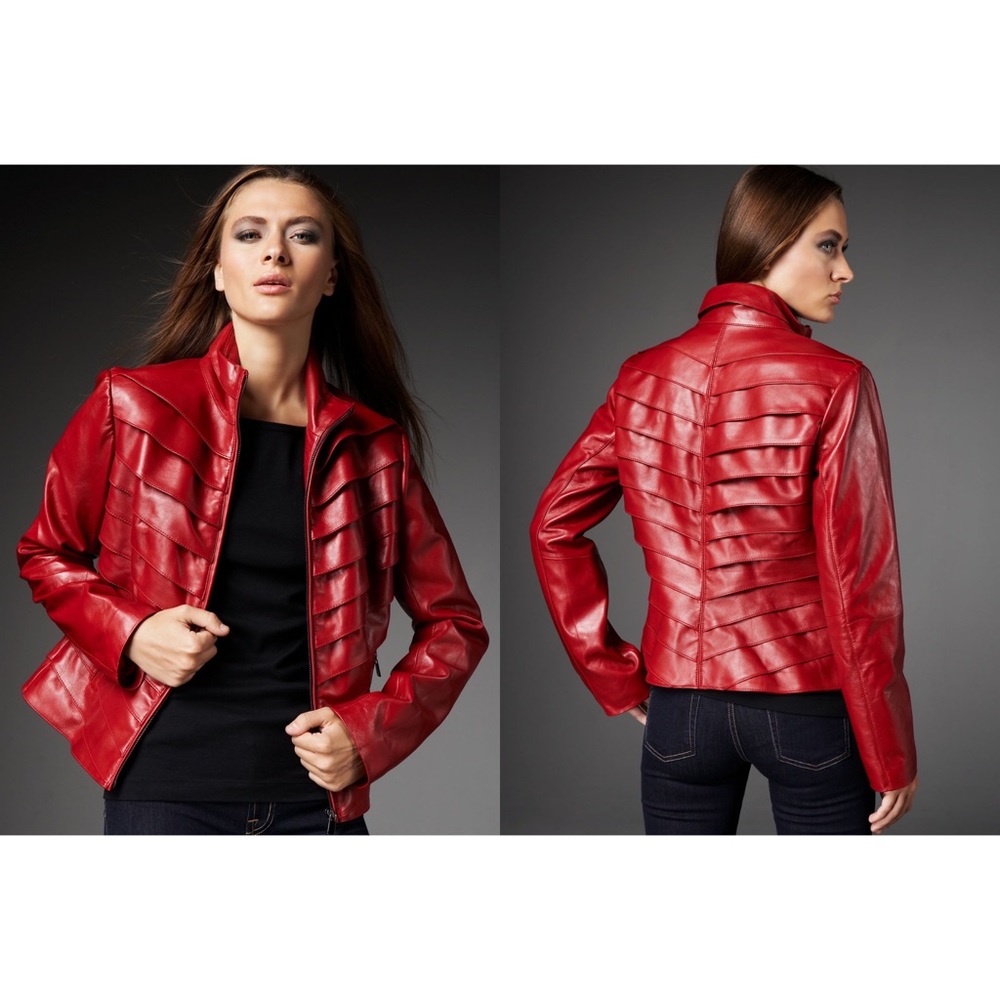 Neiman Marcus Tiered Black Leather Lambskin Jacket